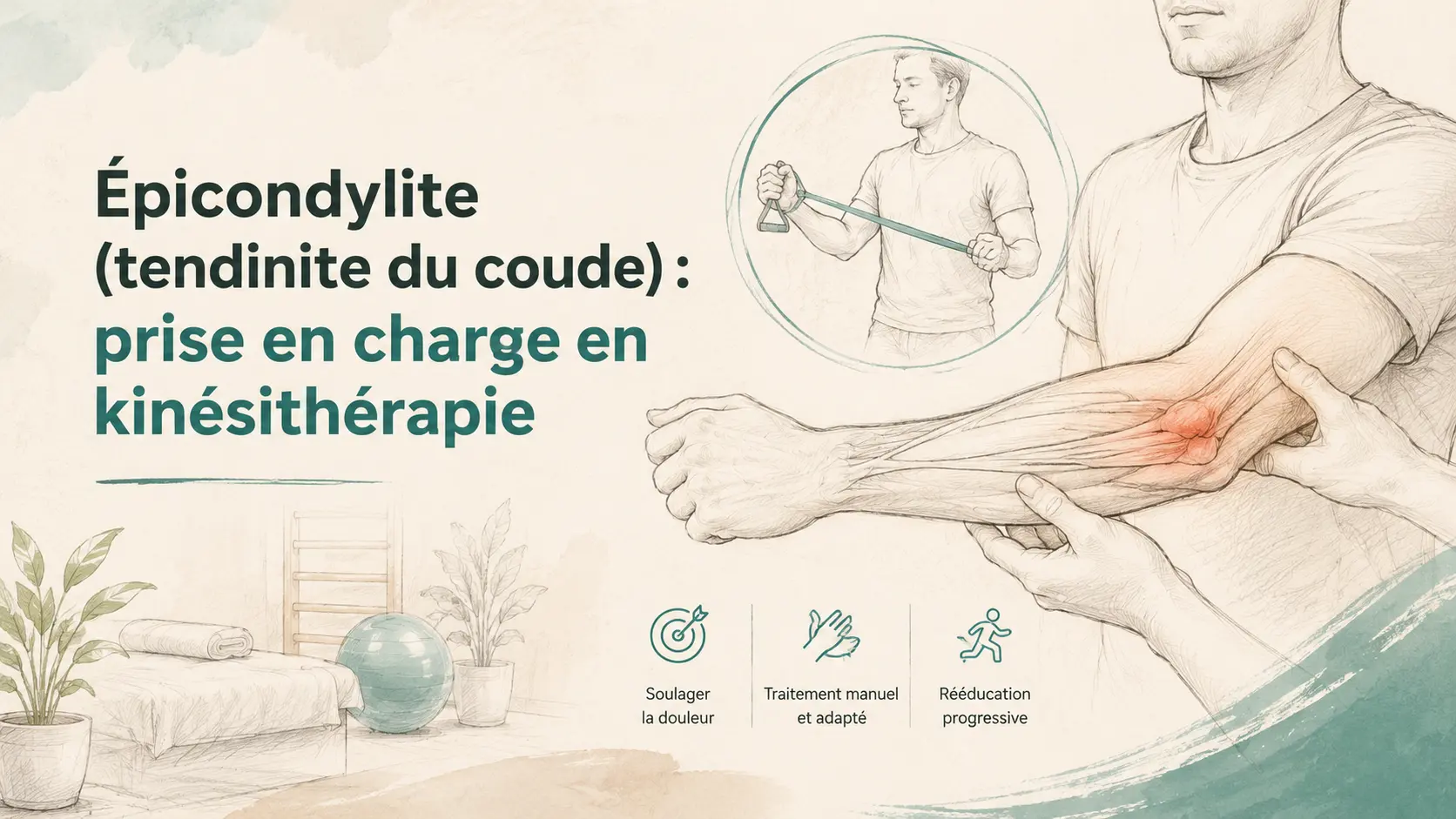 Kinésithérapeute évaluant le coude d'un patient, avec illustration d'un exercice de rééducation à la bande élastique et pictogrammes soulager la douleur, traitement manuel et adapté, rééducation progressive