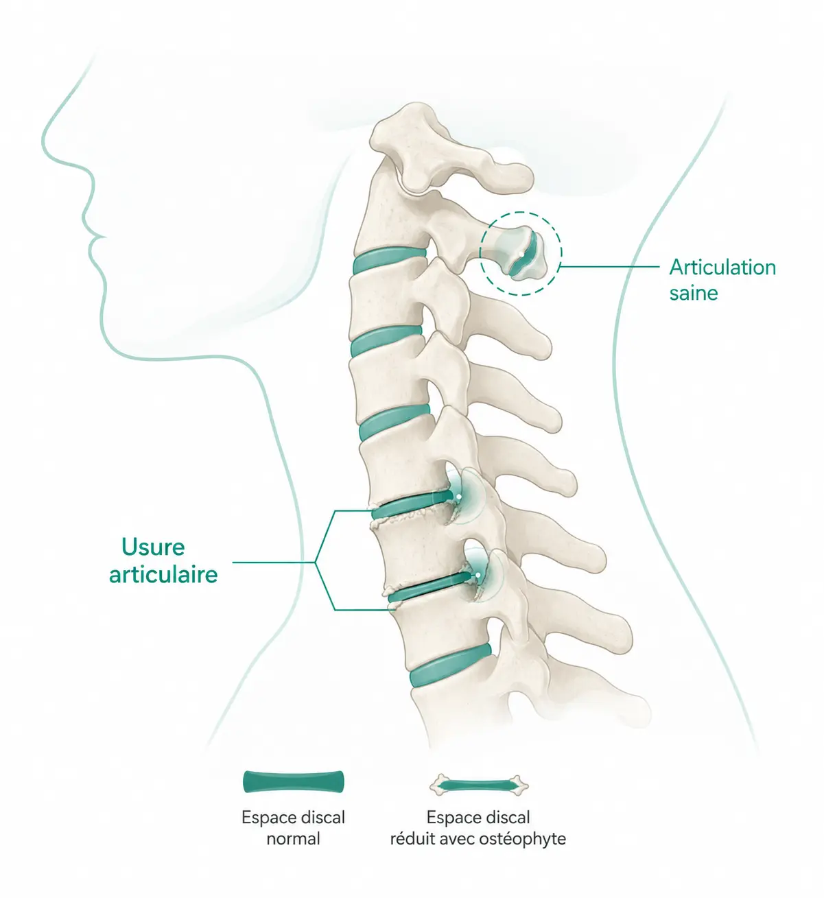 Illustration des articulations et disques du cou montrant une usure liée à l'arthrose cervicale