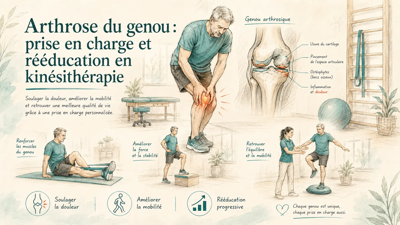 Illustration de l'arthrose du genou et de sa prise en charge en kinésithérapie