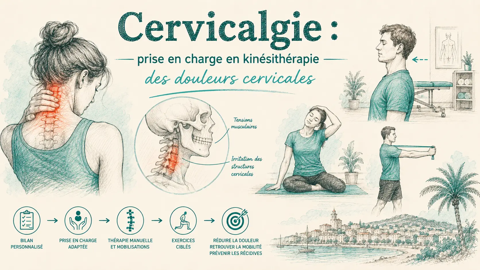 Illustration d'une douleur cervicale et de sa prise en charge en kinésithérapie