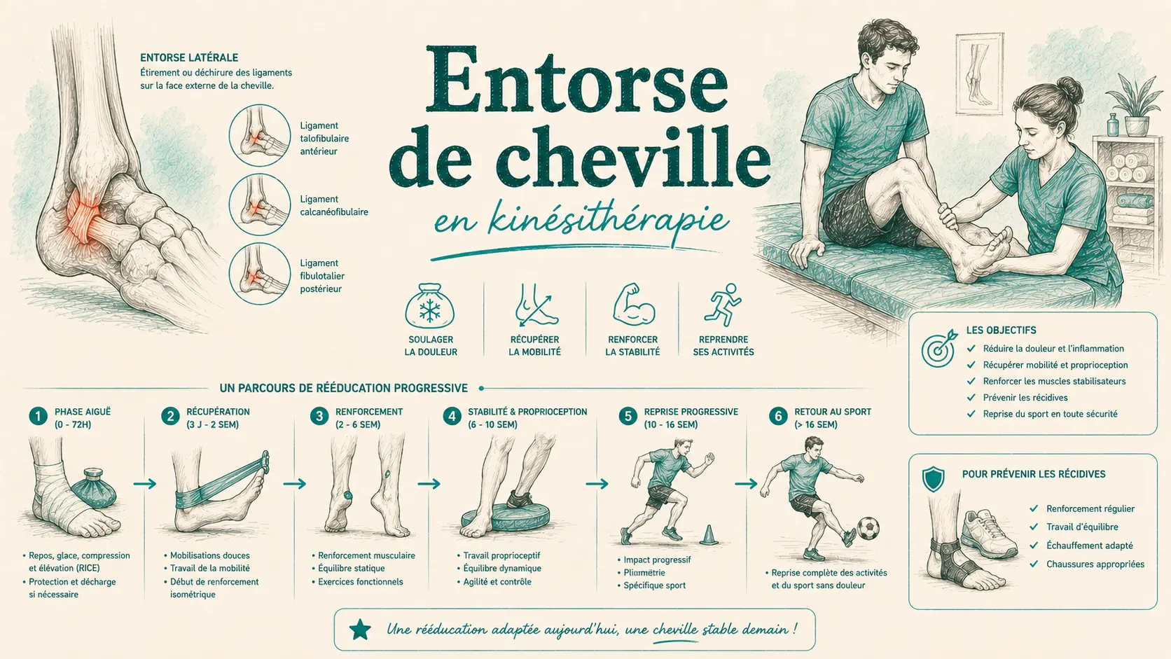 Illustration d'une entorse de cheville et de sa rééducation en kinésithérapie