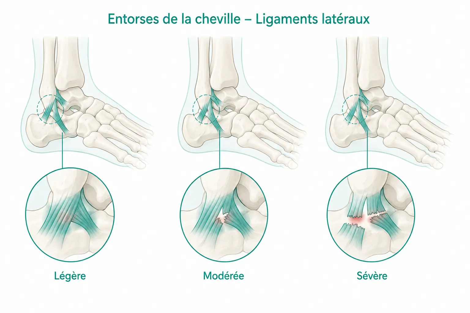 Illustration des ligaments de la cheville montrant les trois degrés de sévérité d'une entorse