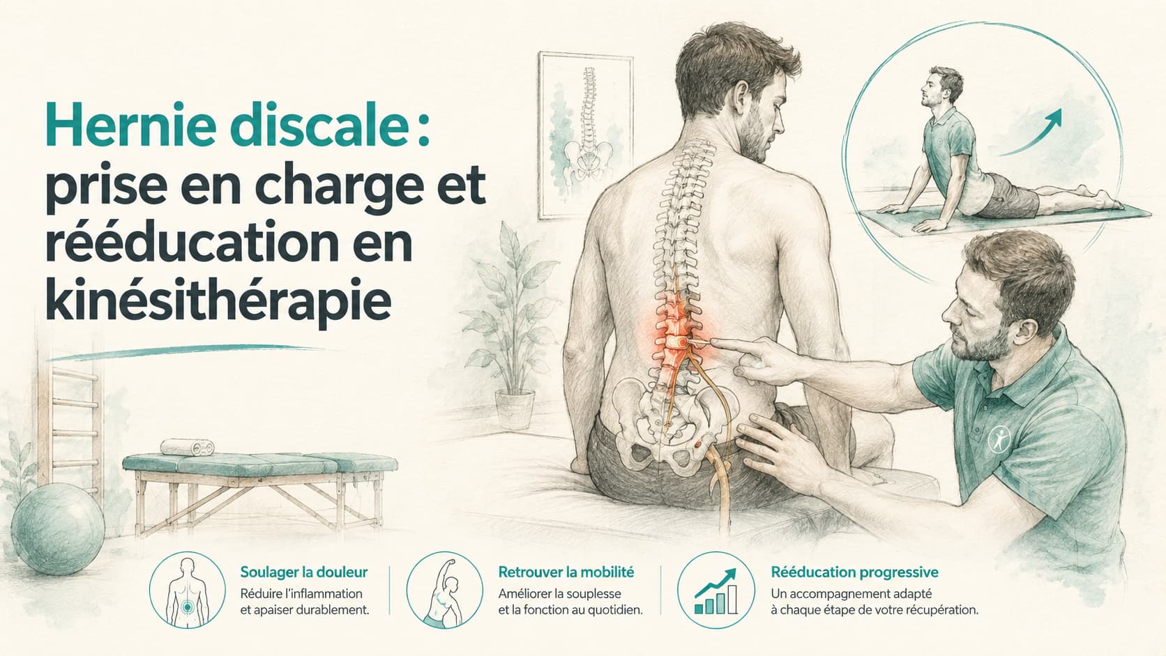 Illustration d'une hernie discale et de sa prise en charge en kinésithérapie