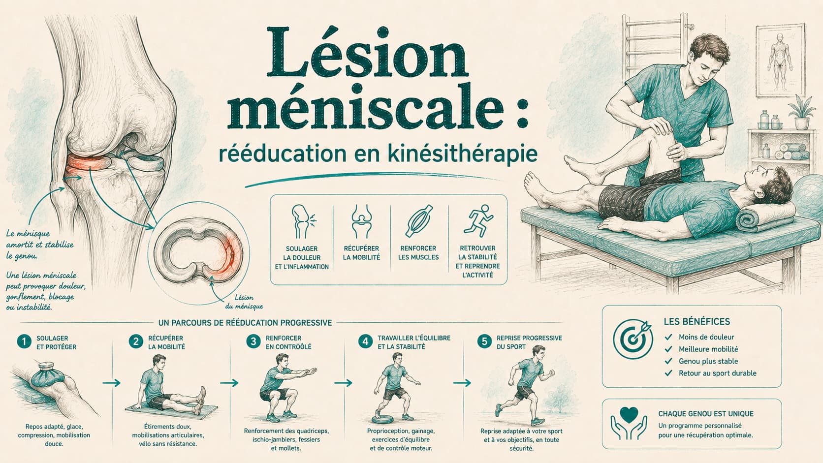 Illustration d'une lésion méniscale du genou et de sa rééducation en kinésithérapie
