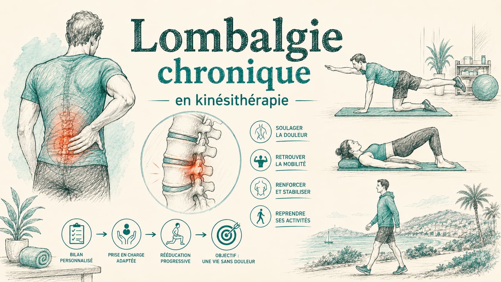 Illustration de la lombalgie chronique et de la rééducation active en kinésithérapie