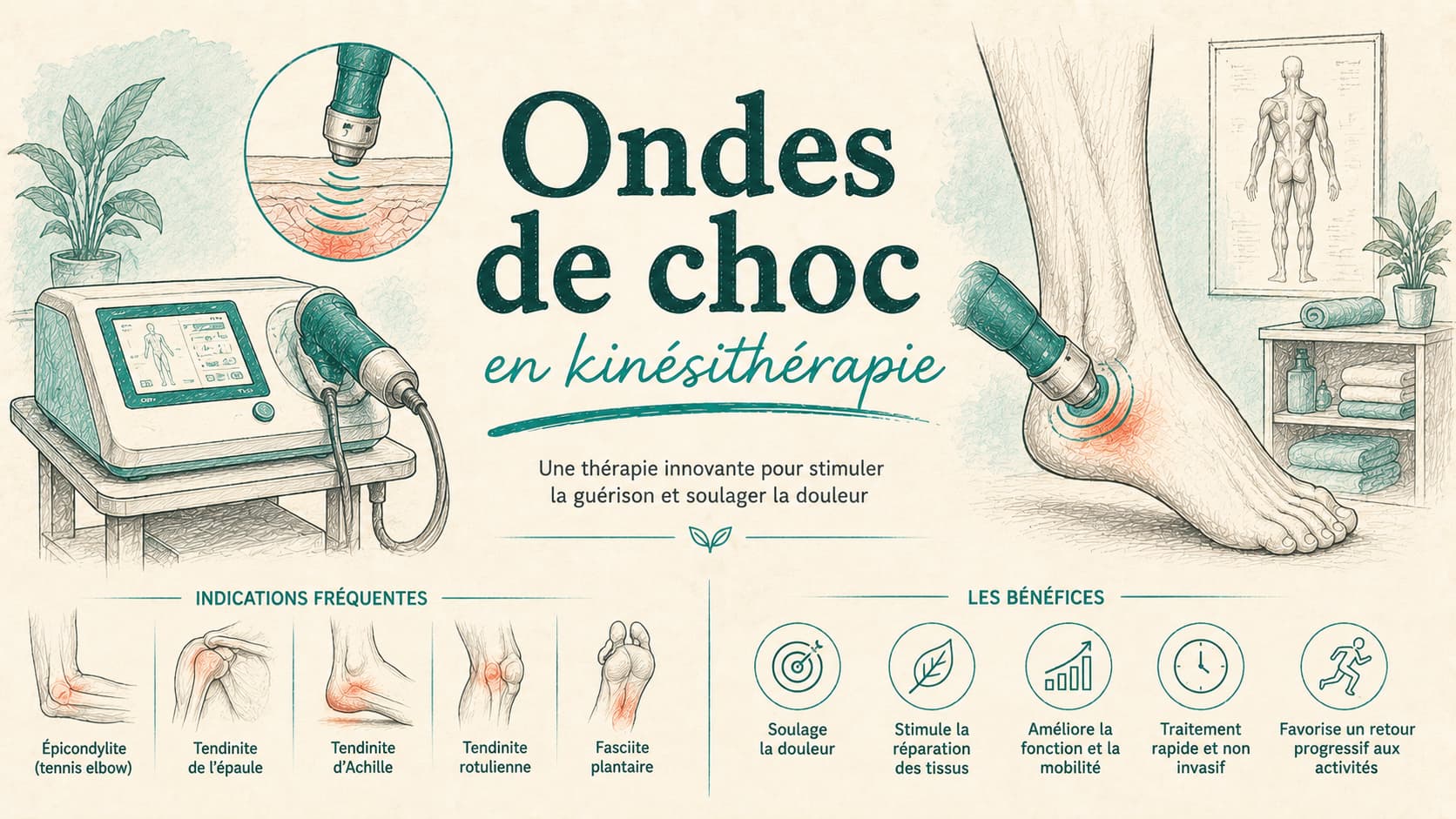 Illustration d'une séance de thérapie par ondes de choc en kinésithérapie