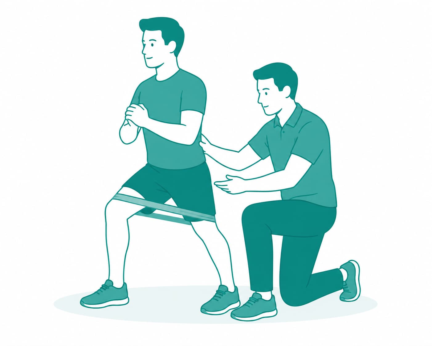 Illustration d'un kinésithérapeute guidant un patient à travers un exercice de rééducation fonctionnelle