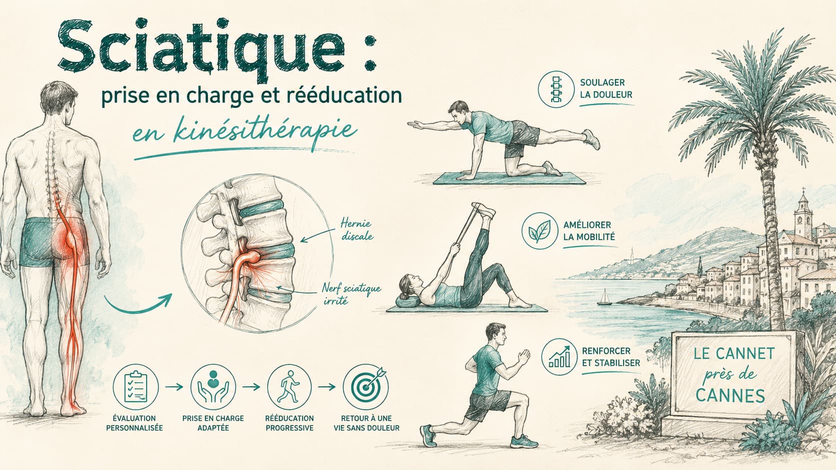 Illustration du trajet du nerf sciatique et de sa prise en charge en kinésithérapie