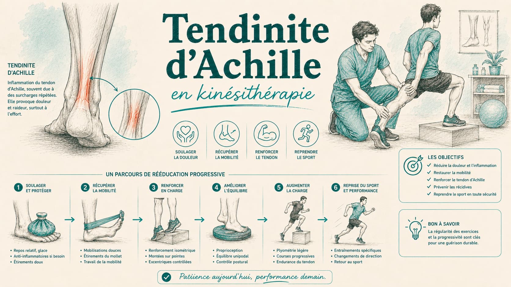 Illustration de la tendinite du tendon d'Achille et de sa rééducation en kinésithérapie
