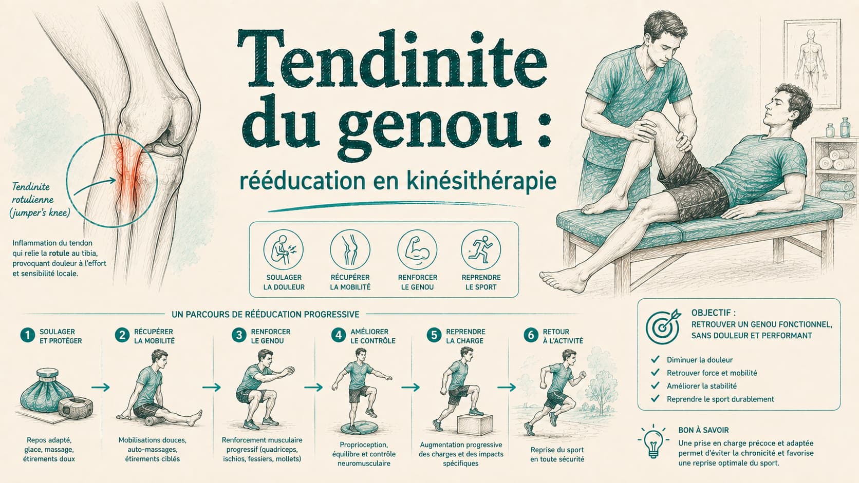 Illustration de la tendinite du genou (tendinopathie rotulienne) et de sa prise en charge en kinésithérapie