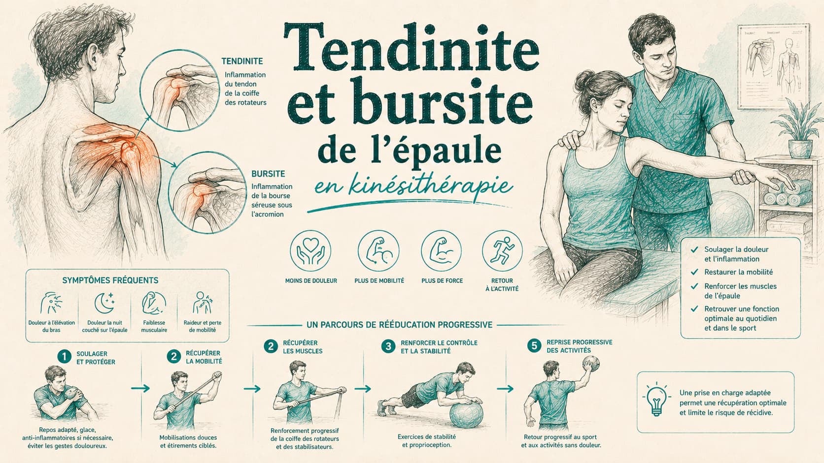 Illustration d'une tendinite/bursite de l'épaule et de sa prise en charge en kinésithérapie