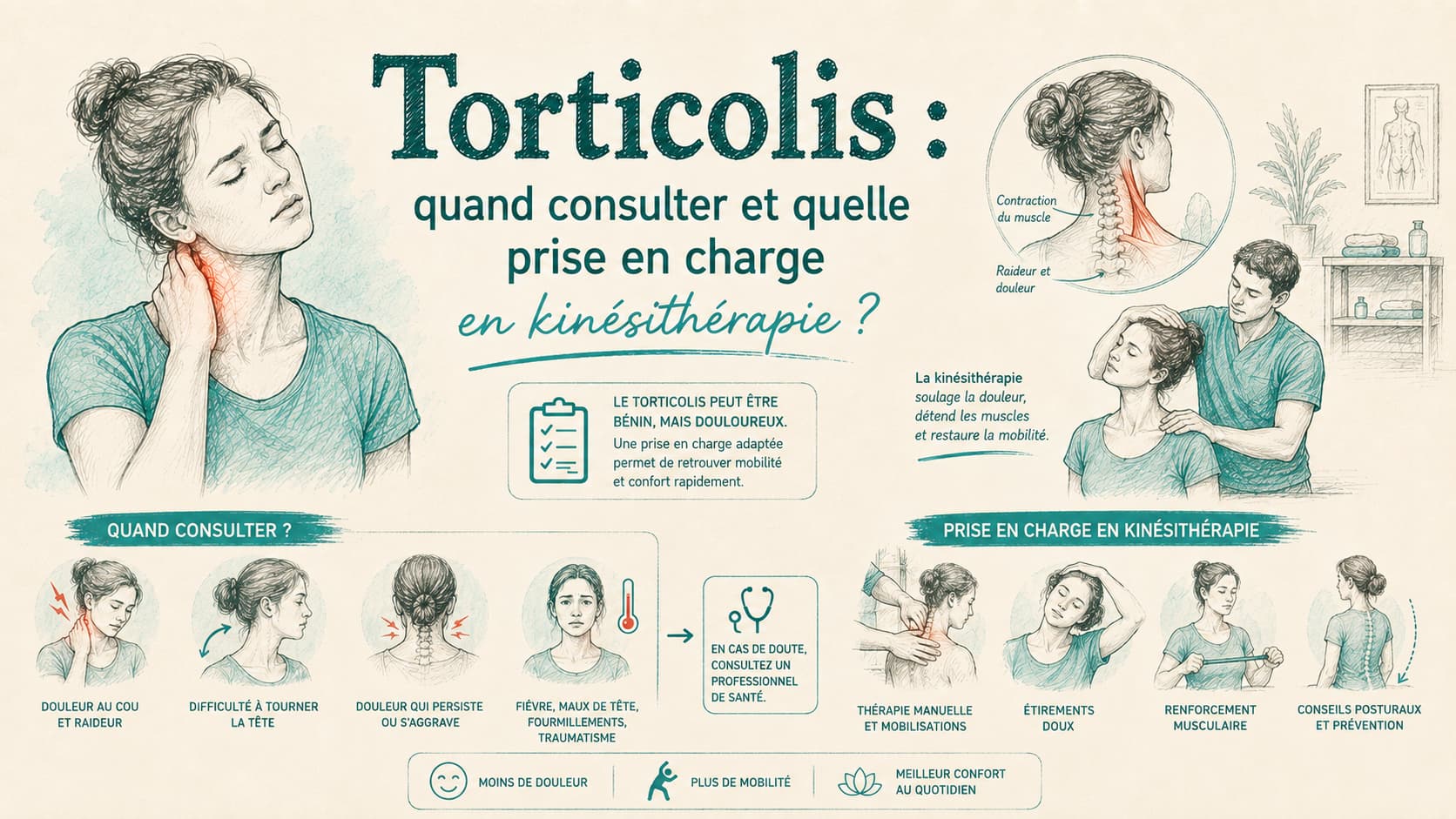 Illustration d'un torticolis et de sa prise en charge en kinésithérapie