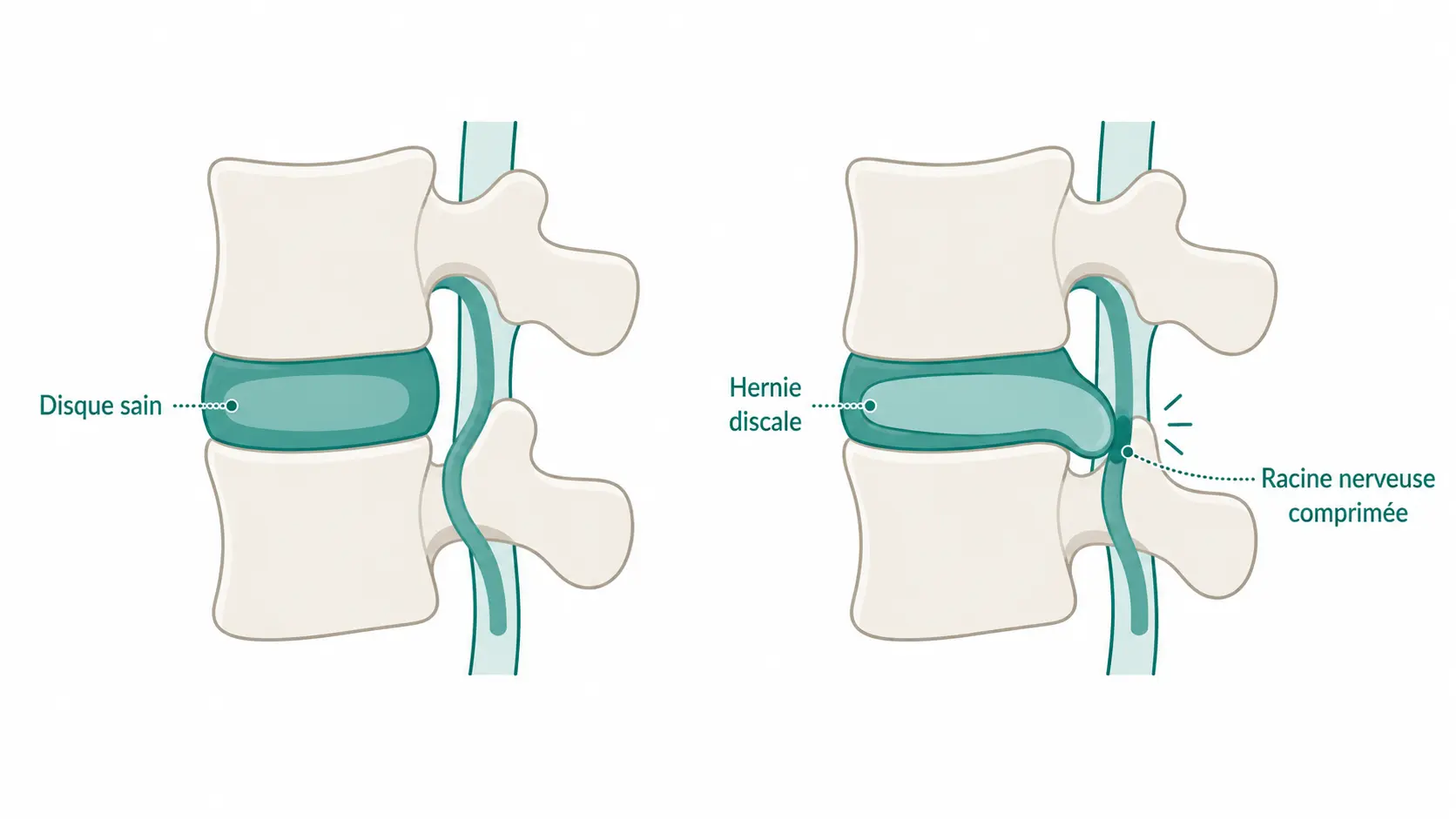 Illustration comparant un disque intervertébral sain à une hernie discale comprimant une racine nerveuse